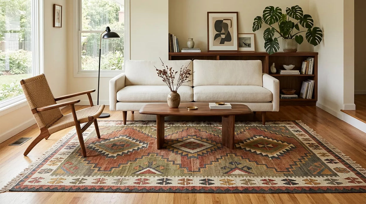 Mid-century modern living room with a handwoven geometric wool rug, cream sofa, and walnut furniture