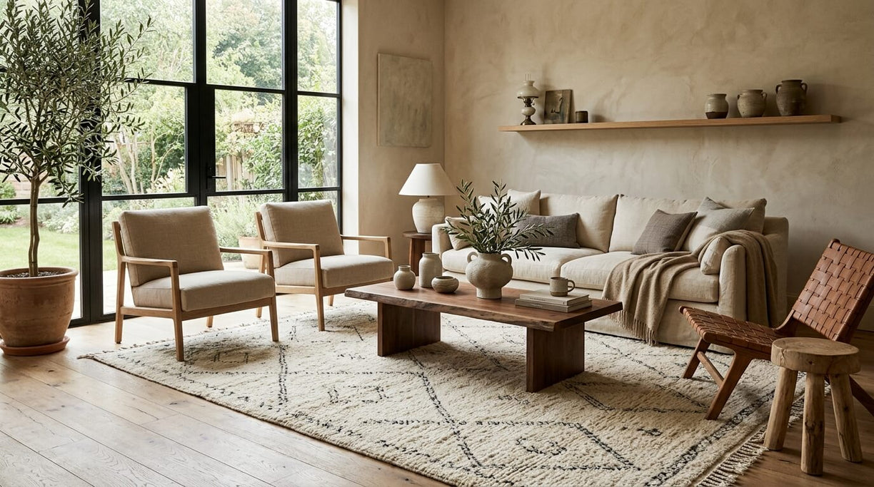Moroccan style rug in a warm neutral living room with soft natural light, wood furniture, and quiet luxury styling