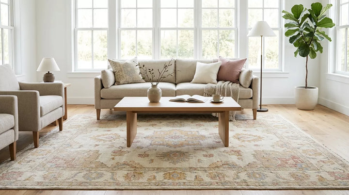 Soft muted Oushak rug styled in a modern American living room with neutral furniture