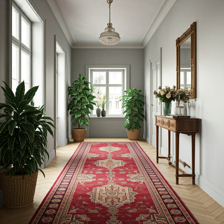 A stylish and elegant hallway with a classic design. The layout features a long, narrow corridor with light gray walls and a light wooden herringbone floor. A v