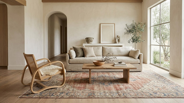 Vintage rug in a Mediterranean-style living room with arched windows, natural light, and warm earthy textures