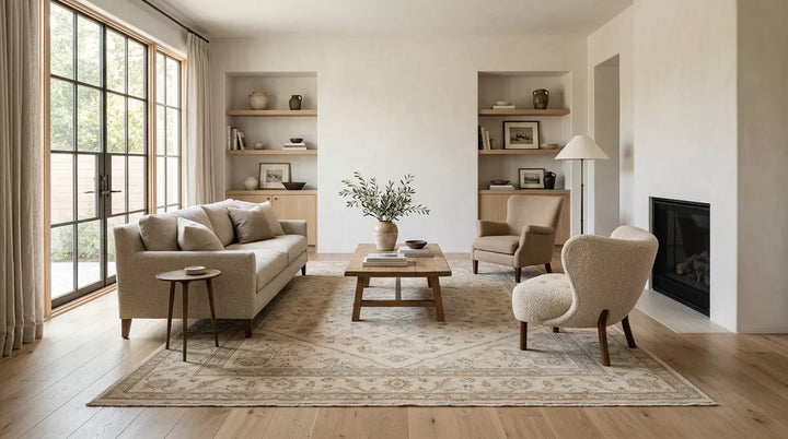 Living room with a properly sized handmade Oushak rug showing balanced floor border and proportionate room scale