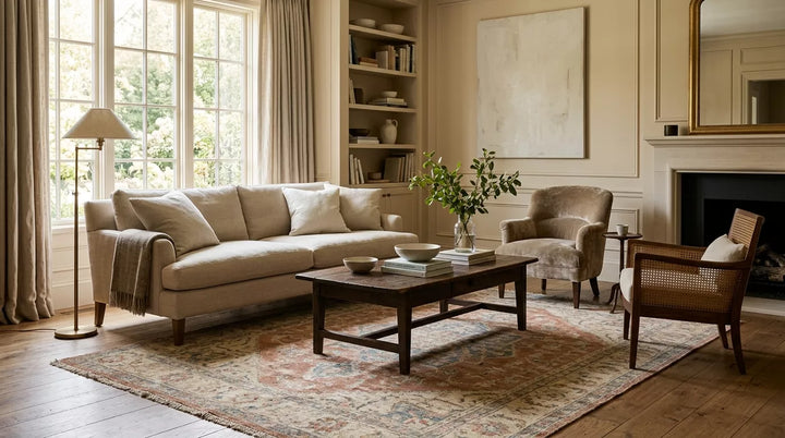 Handmade Turkish Oushak-style rug anchoring a living room seating area in a premium neutral interior, used as the cover image for a room-by-room rug placement guide.