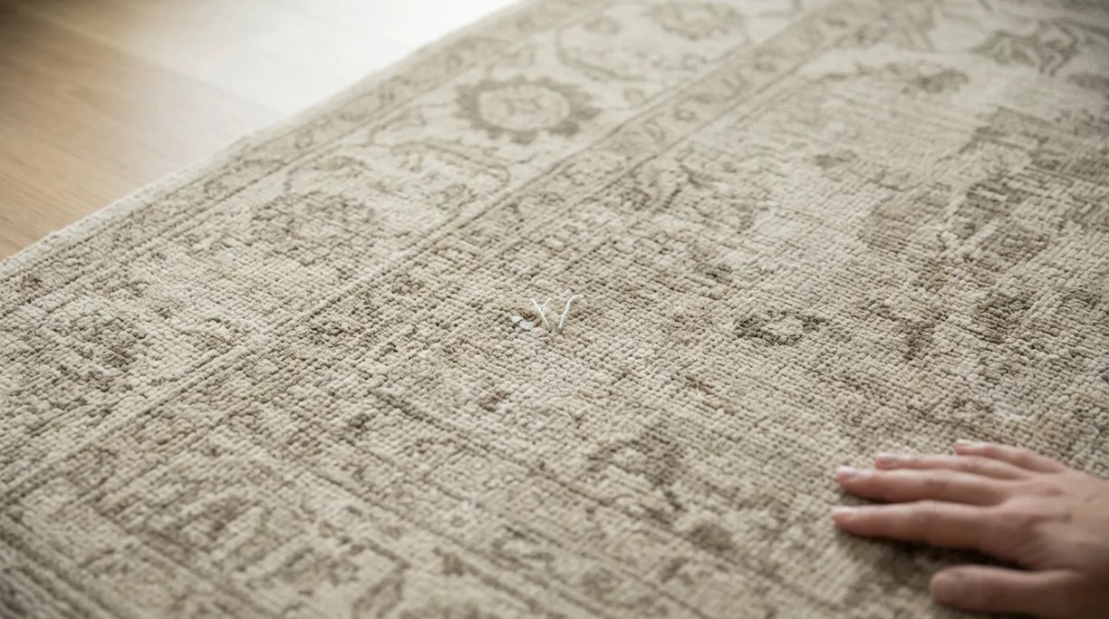 Handwoven rug with small white threads visible on the surface, showing a normal handmade rug detail in a soft home setting.