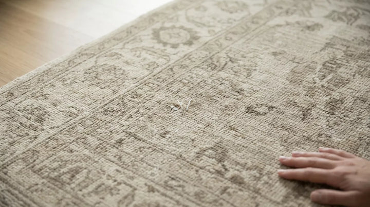 Handwoven rug with small white threads visible on the surface, showing a normal handmade rug detail in a soft home setting.