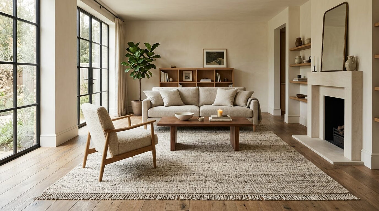 handmade wool rug in a bright living room with natural light and neutral tones