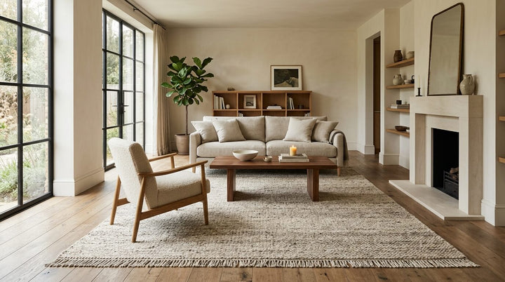 handmade wool rug in a bright living room with natural light and neutral tones