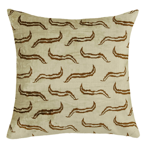 Beige and Brown Color Silk and Velvet Ikat Pillow Cover