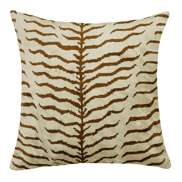 Beige and Brown Color Silk and Velvet Ikat Pillow Cover