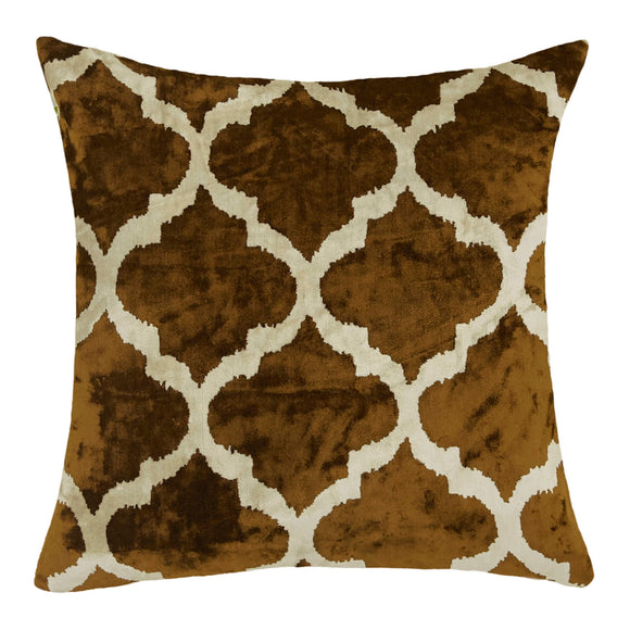 Brown Color Silk and Velvet Ikat Pillow Cover