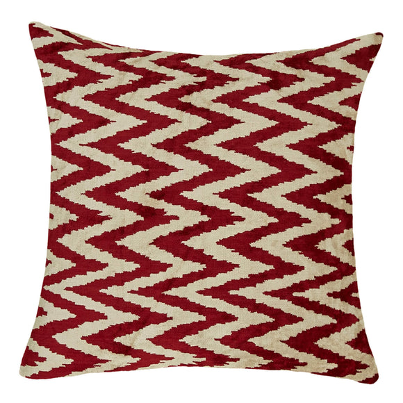 Red Color Silk and Velvet Ikat Pillow