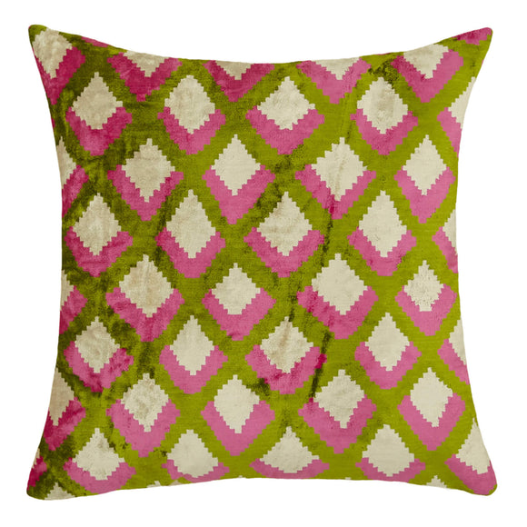 Green Color Ikat Silk Velvet Cushion Cover