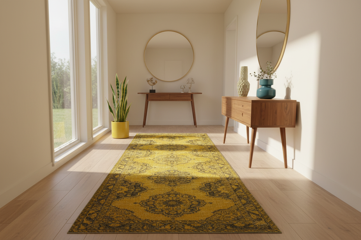5x13 yellow overdyed vintage Turkish handmade runner rug in modern hallway interior
