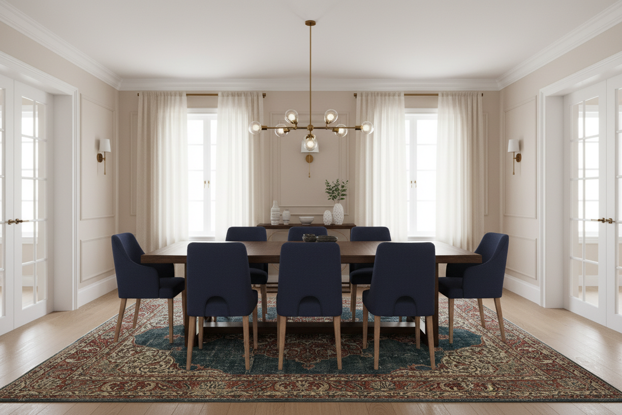 6x10 beige vintage Turkish rug in elegant dining room with traditional modern decor