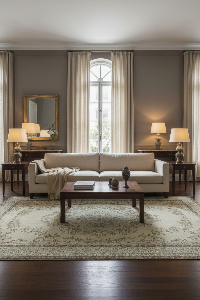 Beige vintage Turkish area rug 6x10 feet in quiet luxury living room