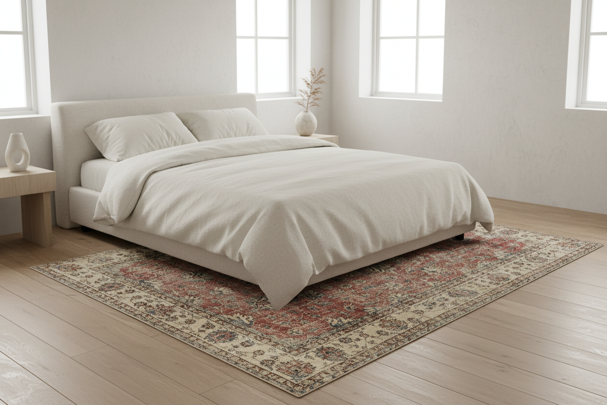 6x10 beige vintage Turkish rug extending beyond queen bed in serene bedroom