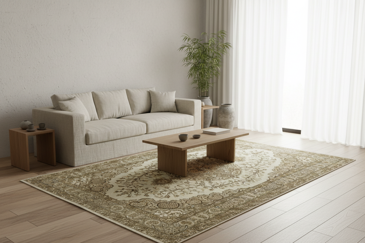 6x10 beige vintage Turkish handmade rug in zen Japandi style interior