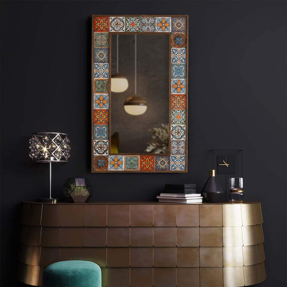 Melina Handmade Wood Framed Decorative Ceramic Tile Mirror