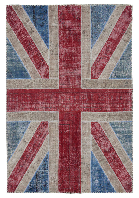 7x10 British Flag Hand-Knotted Patchwork Rug -22621