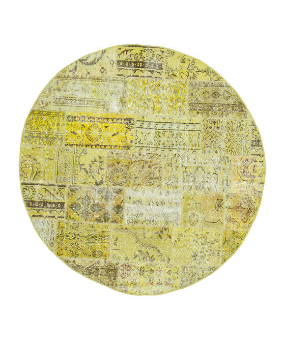 6x6 Yellow Wool Overdyed Patchwork Round Area Rug