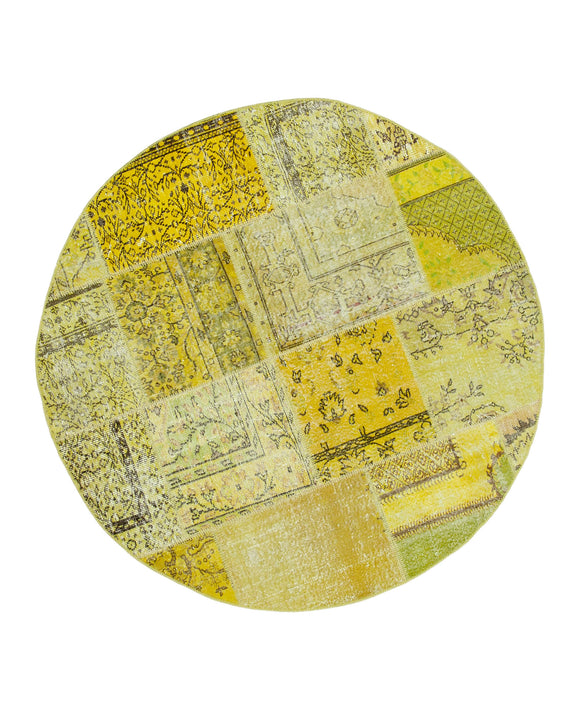6x6 Yellow Wool Overdyed Patchwork Round Area Rug