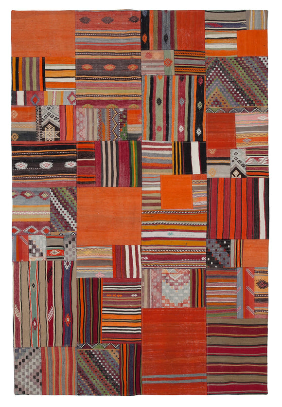7x10 Orange Turkish Vintage Kilim Patchwork Rug