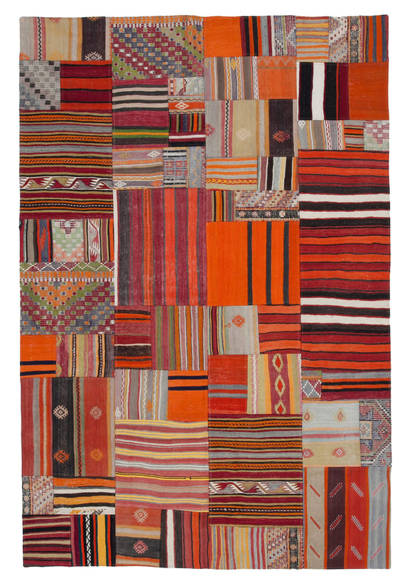 7x10 Orange Turkish Vintage Kilim Patchwork Rug