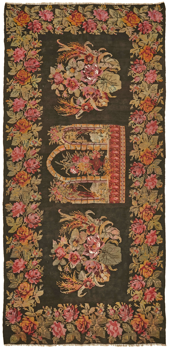 5' 5'' x 11' 3'' Handwoven Floral Rose Kilim Rug