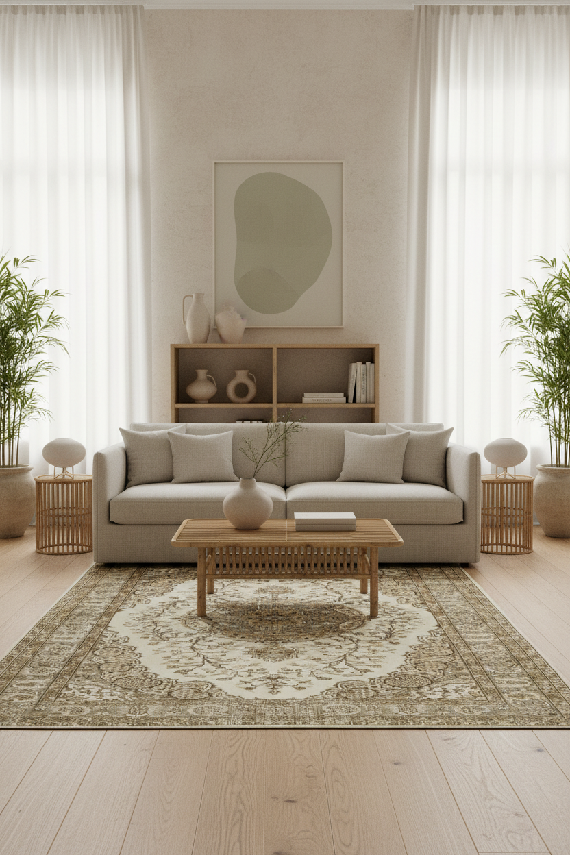 Beige vintage Turkish area rug 6x10 feet in Japandi minimalist living room