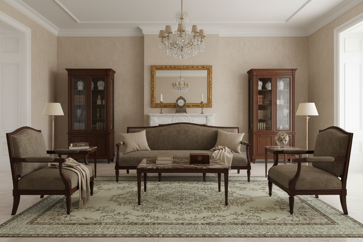 6x10 beige vintage Turkish handmade rug in elegant living room interior