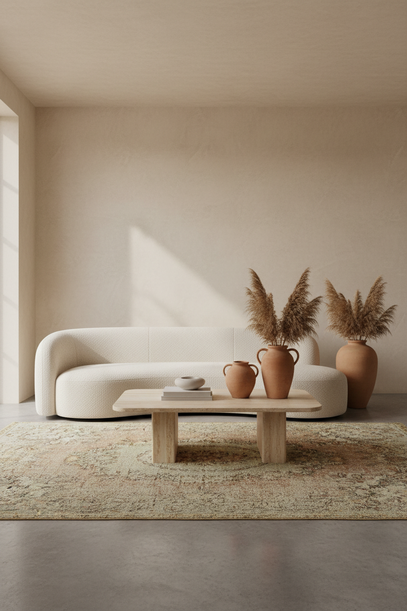 Beige vintage Turkish area rug 6x10 feet in organic modern living room with travertine table