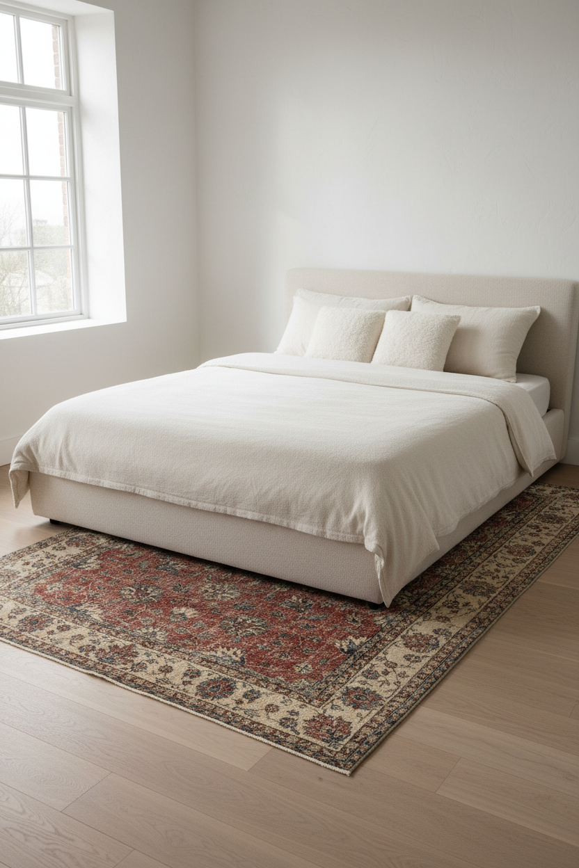 Beige vintage Turkish area rug 6x10 feet under bed in minimalist Scandinavian bedroom